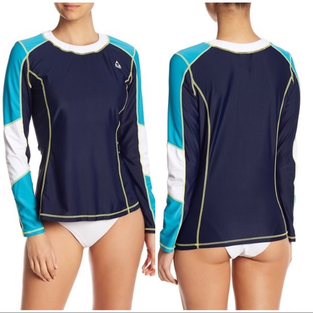 NWT Gerry Color Block Rash Guard Small blue white swim top